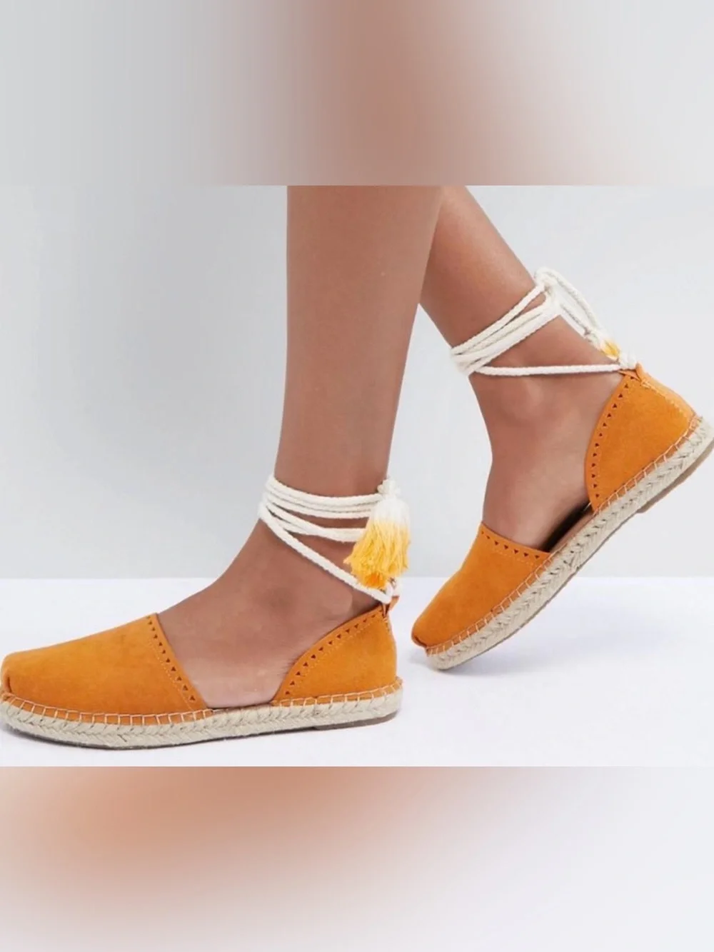 TOMS Katalina Saffron Yellow Suade Lace Up Espadrille Flats Sz 7.5 EUC